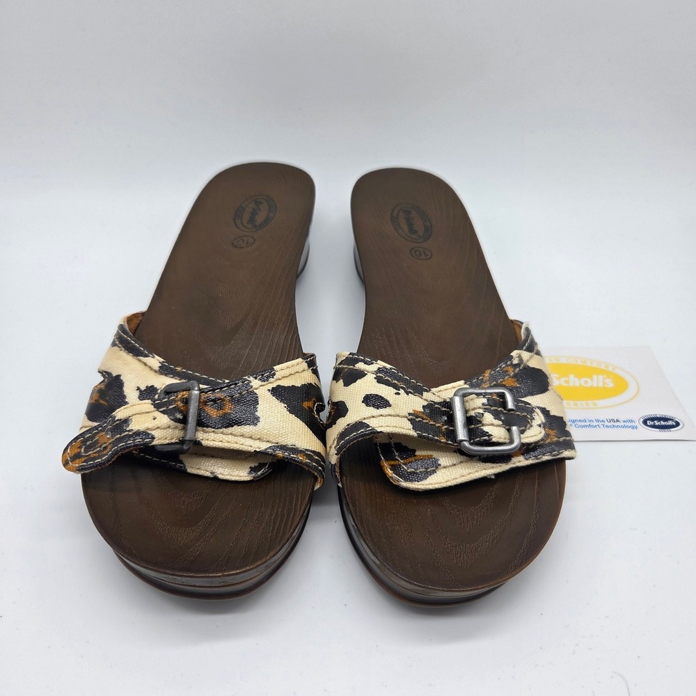 Dr Scholls Slide Sandals Womens 10 Leopard Print Buckle Advanced Comfort